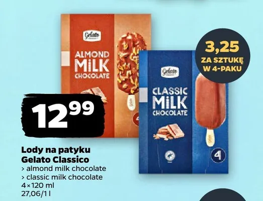 Lody na patyku Gelato Classico Classic Milk Chocolate 4-pak promocja w Netto