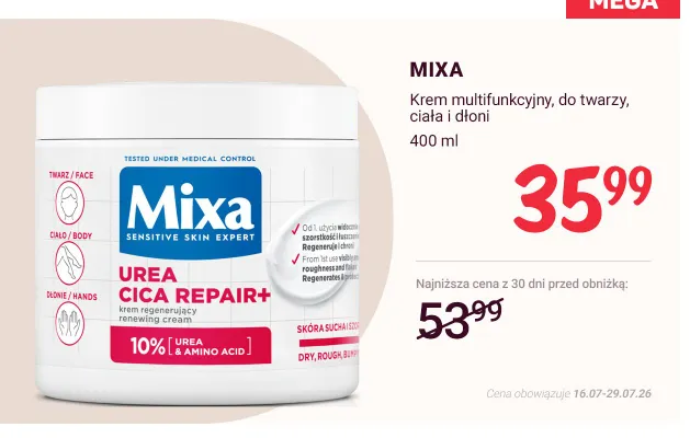 Krem regenerujący Mixa Urea Cica Repair+ promocja w Rossmann
