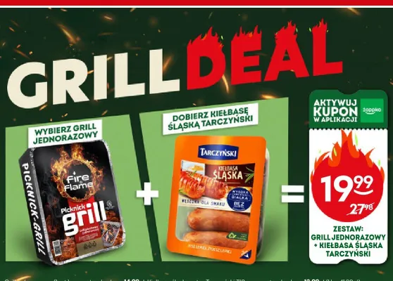 Zestaw: Grill jednorazowy Fire & Flame + Kiełbasa śląska extra Tarczyński 310 g promocja w Żabka
