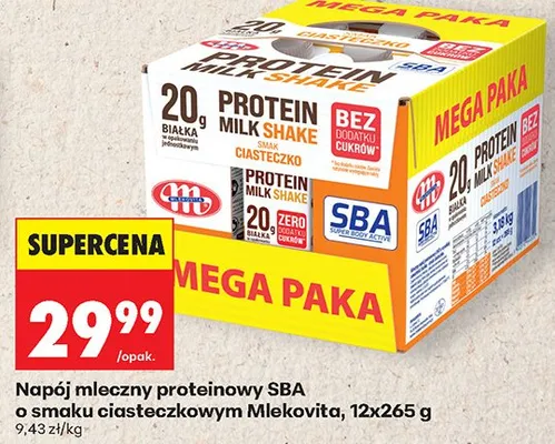 Napój mleczny proteinowy SBA o smaku ciasteczkowym Mlekovita 12-pak 265 g promocja w Biedronka