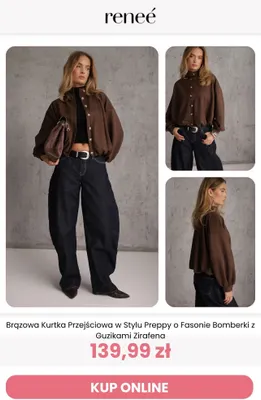 Brązowa kurtka przejściowa w stylu preppy o fasonie bomberki z guzikami Zirafena Reneé promocja w Renee