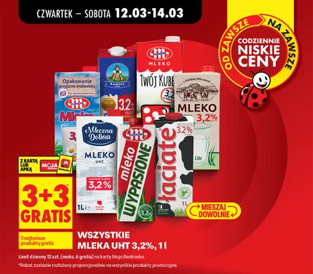 Wszystkie mleka UHT 3,2% 3+3 GRATIS promocja w Biedronka
