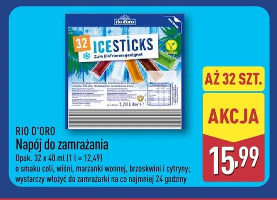 Napój do zamrażania Rio D'oro 32-pak 40ml o smaku coli, wiśni, marzanki wonnej, brzoskwini i cytryny promocja w Aldi
