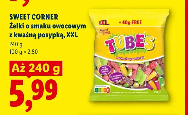 Żelki o smaku owocowym z kwaśną posypką Tubes XXL Sweet Corner promocja w Lidl