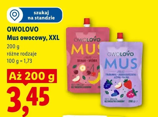 Mus owocowy Owolovo XXL jabłko banan wiśnia promocja w Lidl
