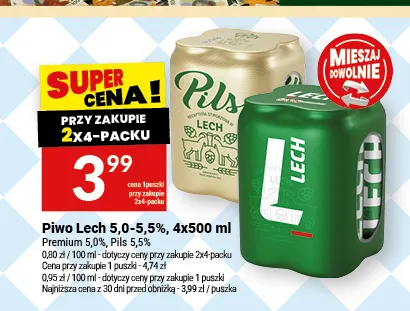 Piwo Lech Pils 5,5% 4-pak 500 ml promocja w Twój Market