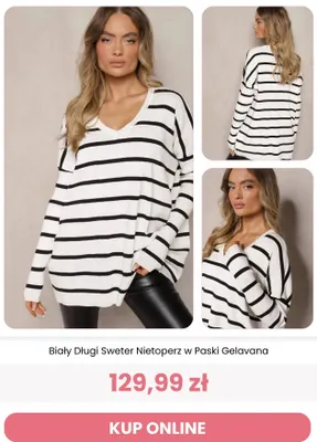 Biały długi sweter nietoperz w paski Gelavana Renee promocja w Renee