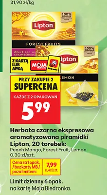 Herbata czarna ekspresowa aromatyzowana piramidki Lipton Lemon promocja w Biedronka