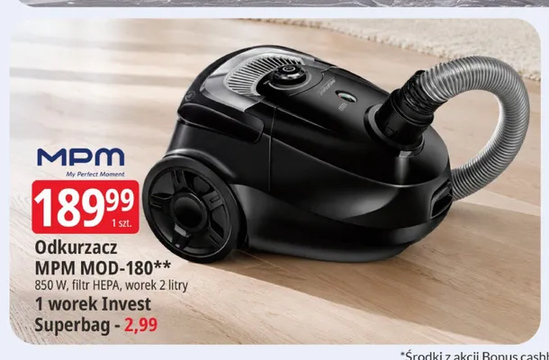 Odkurzacz MPM MOD-180 850W filtr HEPA worek 2 litry promocja w Leclerc