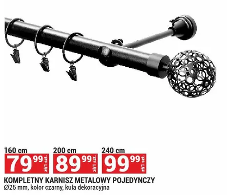Kompletny karnisz metalowy pojedynczy Ø25mm kolor czarny kula dekoracyjna 240cm promocja w Merkury Market