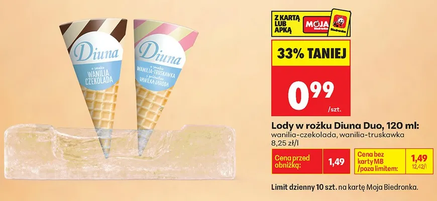Lody w rożku Diuna Duo promocja w Biedronka