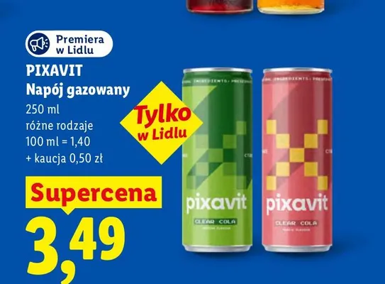 Napój gazowany Clear Cola Peach Pixavit promocja w Lidl