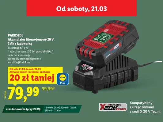 Akumulator litowo-jonowy 20 V, 2 Ah z ładowarką Parkside promocja