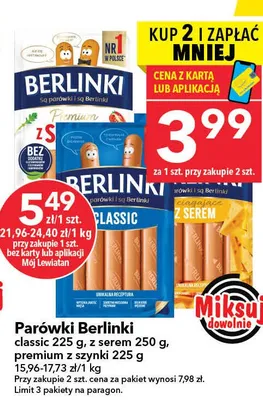Parówki classic z 2% tł., z serem, premium z szynki promocja w LEWIATAN