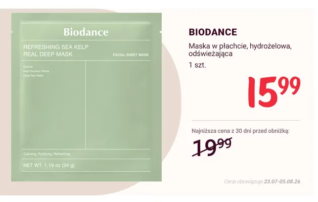 Maska w płachcie hydrożelowa odświeżająca Biodance promocja w Rossmann