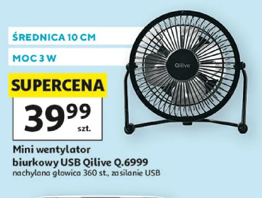 Mini wentylator biurkowy USB Qilive Q.6999 10cm 3W promocja w Auchan