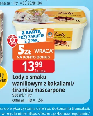 Lody o smaku waniliowym z bakaliami/tiramisu mascarpone promocja w Leclerc