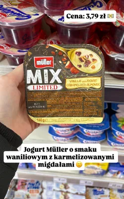 Jogurt o smaku waniliowym z karmelizowanymi migdałami Muller promocja w Intermarche