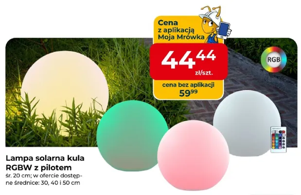 Lampa solarna kula RGBW z pilotem śr. 20cm promocja w PSB Mrówka
