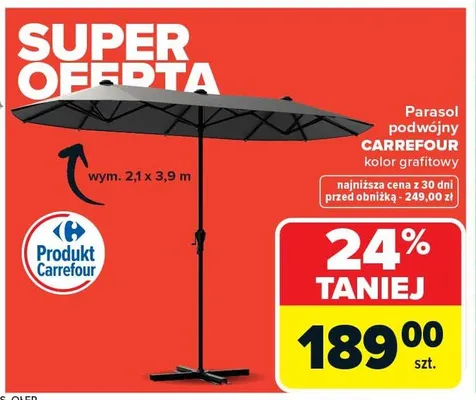 Parasol podwójny Carrefour kolor grafitowy 2,1x3,9m promocja w Carrefour