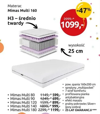 Materac Mimas Multi 160 H3 – średnio twardy promocja w Black Red White