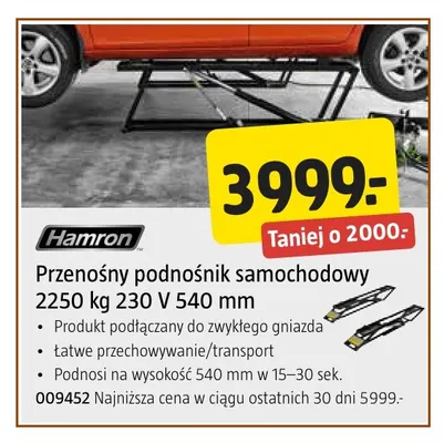 Przenośny podnośnik samochodowy 2250 kg 540 mm Hamron promocja w Jula