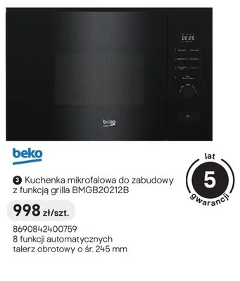 Kuchenka mikrofalowa do zabudowy z funkcją grilla beko BMGB20212B promocja w Castorama