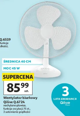 Wentylator biurkowy Qilive Q.6724 średnica 40cm moc 45W promocja w Auchan