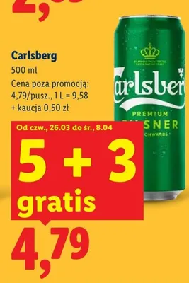 Piwo Carlsberg 5+3 GRATIS promocja w Lidl