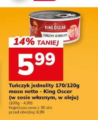 Tuńczyk jednolity King Oscar w sosie własnym promocja w Hitpol