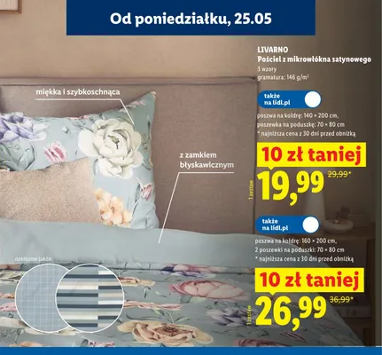 Pościel z mikrowłókna satynowego LIVARNO 160x200cm 2 poszewki 70x80cm promocja w Lidl