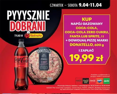 Napój gazowany Coca-Cola, Coca-Cola Zero Cukru, Fanta lub Sprite 1 l + pizza Donatello promocja w Biedronka
