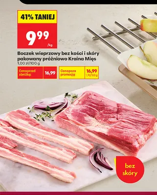 Boczek wieprzowy bez kości i skóry pakowany próżniowo Kraina Mięs promocja w Biedronka