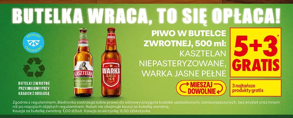 Piwa w butelkach zwrotnych Kasztelan Niepasteryzowane, Warka Jasne Pełne 5+3 GRATIS promocja w Biedronka
