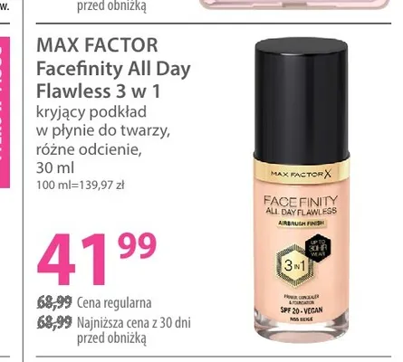 Kryjący podkład w płynie do twarzy Max Factor Facefinity All Day Flawless 3 w 1 promocja w Hebe