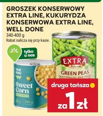 Groszek konserwowy extra line, kukurydza konserwowa extra line, well done promocja w Stokrotka