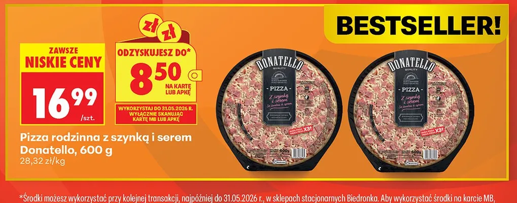 Pizza rodzinna z szynką i serem Donatello promocja w Biedronka