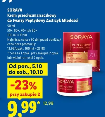 Krem przeciwzmarszczkowy do twarzy Peptydowy Zastrzyk Młodości 70+ Soraya promocja w Lidl
