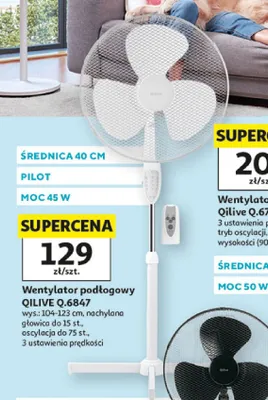 Wentylator podłogowy Qilive Q.6847 średnica 40cm pilot moc 45W wys.: 104-123cm nachylana głowica do 15 st. oscylacja do 75 st. 3 ustawienia prędkości promocja w Auchan