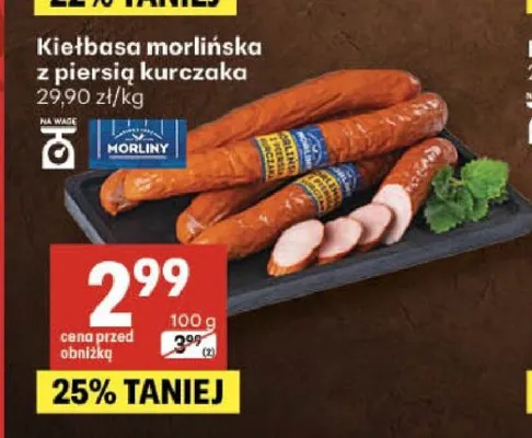 Kiełbasa morlińska z piersią kurczaka Morliny promocja w Delikatesy Centrum