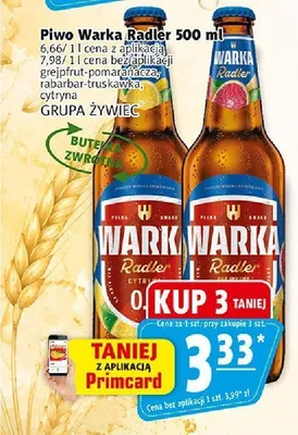 Piwo bezalkoholowe Warka Radler Grejpfrut-pomarańcza promocja w Prim Market