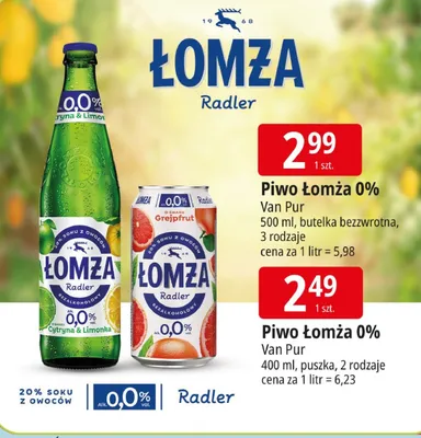 Piwo Łomża Radler bezalkoholowe 0,0% Cytryna & Limonka promocja w Leclerc