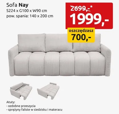 Sofa Nay S224xG100xW90cm pow. spania 140x200cm promocja w Black Red White