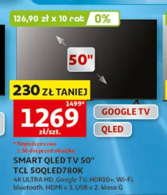 SMART QLED TV 50" TCL 50QLED780K 4K ULTRA HD Google TV HDR10+ Wi-Fi bluetooth HDMI x 3 USB x 2 klasa G promocja w Auchan