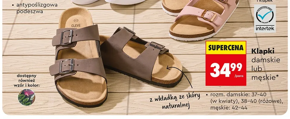 Klapki męskie CLEVÉ z wkładką ze skóry naturalnej męskie: 42-44 promocja w Biedronka