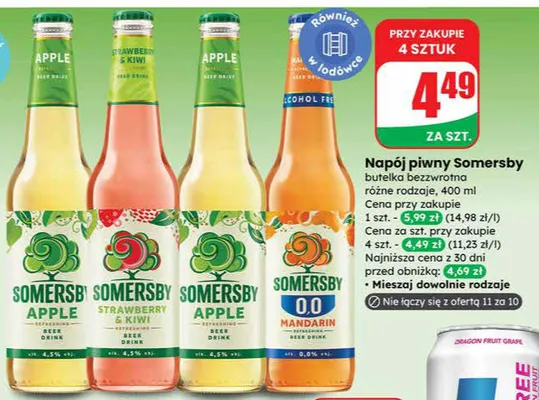 Napój piwny Somersby butelka bezwrotna różne rodzaje promocja w Dino
