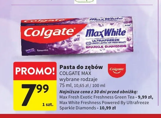 Pasta do zębów Colgate Max White Freshness Powered By Ultrafreeze Sparkle Diamonds promocja w Intermarche