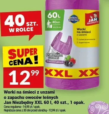 Worki na śmieci z uszami o zapachu owoców leśnych Jan Niezbędny XXL 60 l, 40 szt., 1 opak. promocja w Twój Market