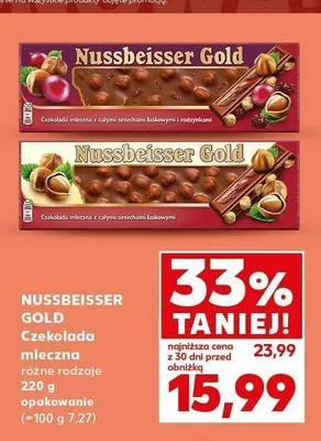 Czekolada mleczna z całymi orzechami laskowymi i rodzynkami Nussbeisser Gold promocja w Kaufland