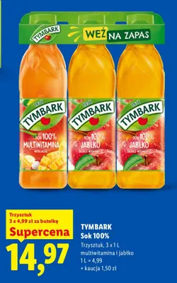 Sok multiwitamina i jabłko Tymbark 3-pak 100% promocja w Lidl